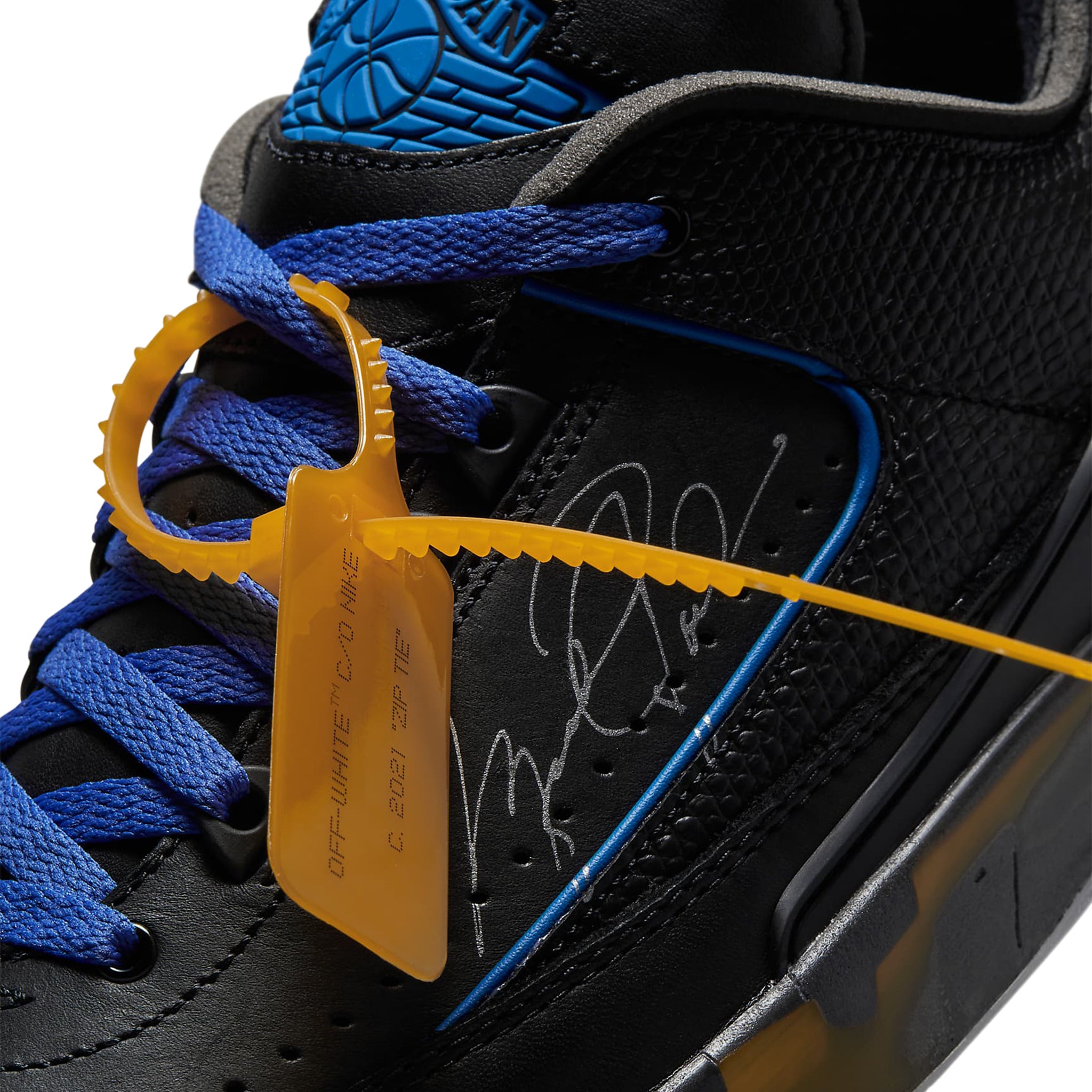 Logo view of Air Jordan 2 X Off-White Retro Low Black Blue DJ4375-004